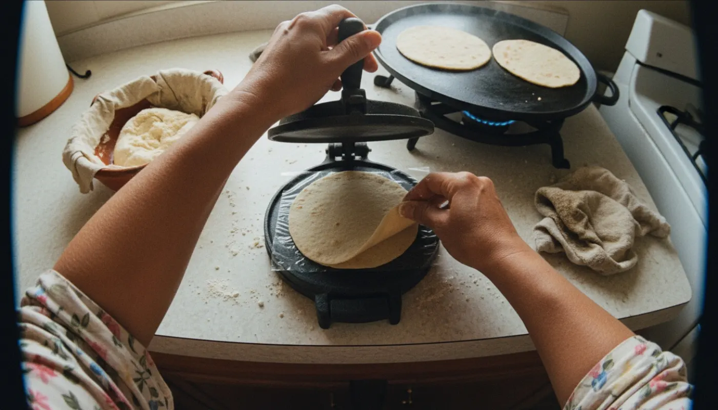 First-person view of hands working at a tortilla press — the egocentric perspective xshot captures